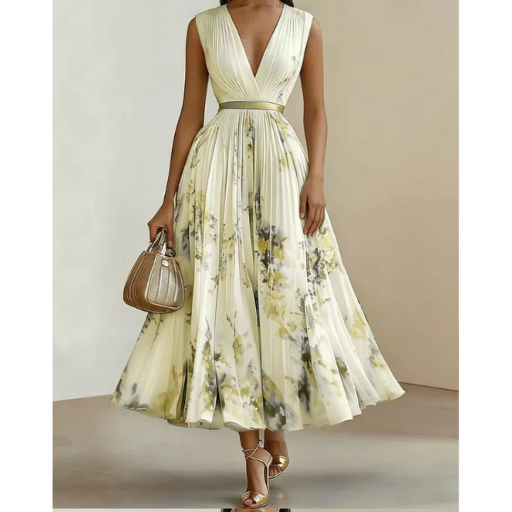 Maureen | Women’s Maxi Dress with V-Neck and Pleats
