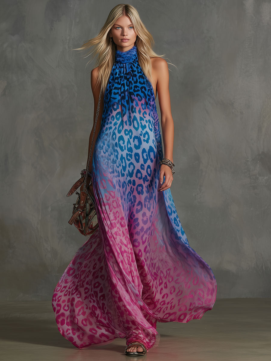 Naomi | Gradient Leopard Print Chiffon High-neck Sleeveless Maxi Dress