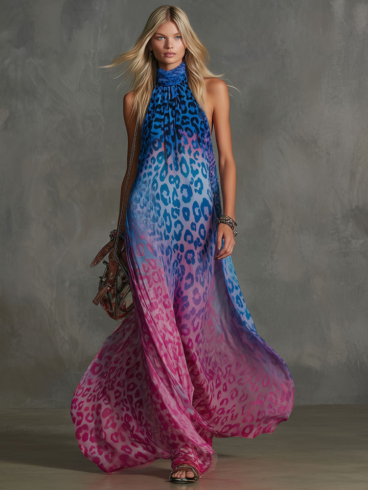 Naomi | Gradient Leopard Print Chiffon High-neck Sleeveless Maxi Dress