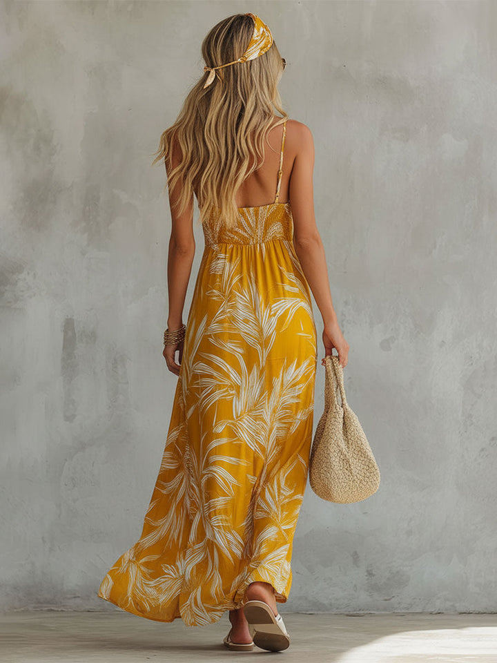 Zinnia | Fashionable Retro Printed Yellow Sleeveless V-neck Chiffon Maxi Dress