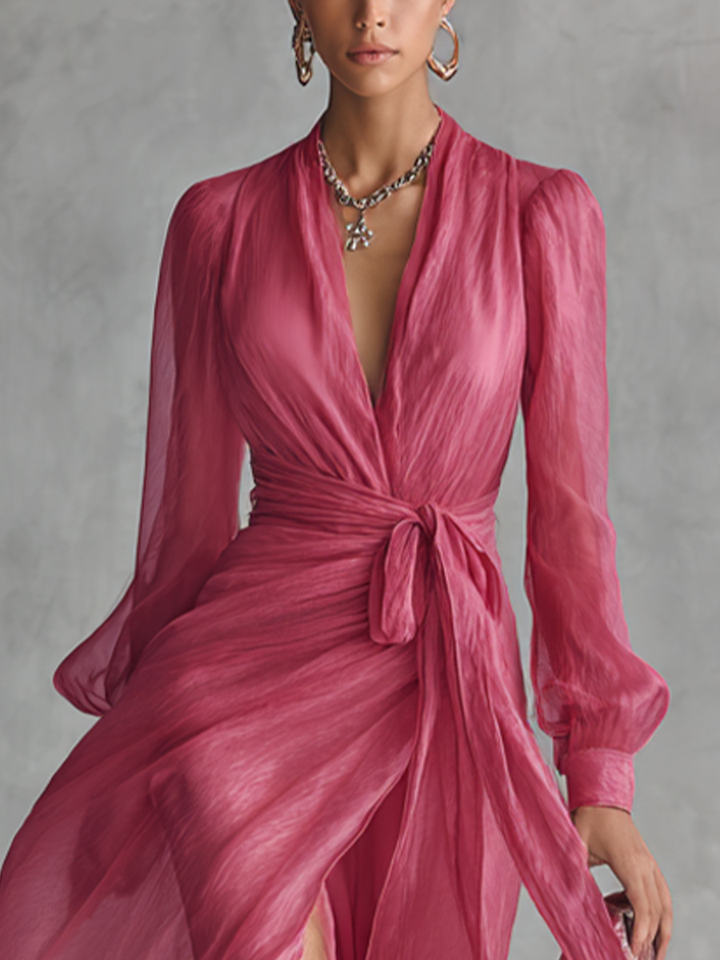 Rhonda | Pearl Chiffon V Neck Tie Waist Long Dress
