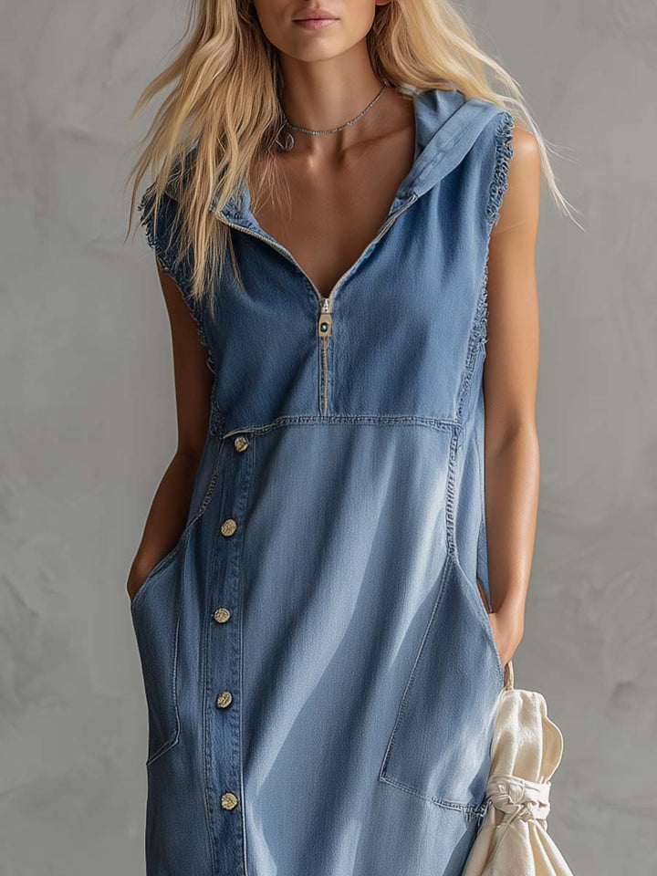 Delaney | Exquisite Vintage Casual Hooded V-neck Zipper Side Slits Buttons Blue Denim Midi Dress