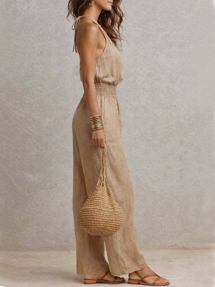Sage | Tan Cotton Linen Halter Neck Smocked Waist Wide Leg Jumpsuit