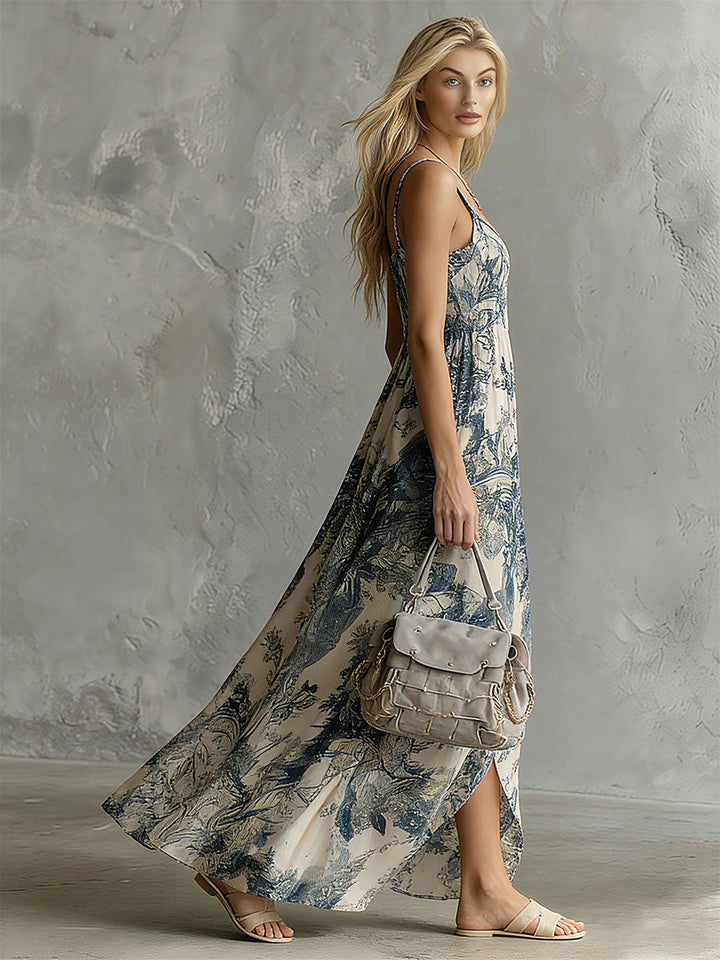 Colette | Retro Elegant Blue Floral Print Sleeveless Square Neck Chiffon Maxi Dress