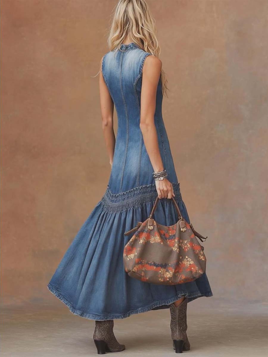 Belle | Elegant Vintage Western Tie-neck Sleeveless Bubble Hem Blue Denim Maxi Dress