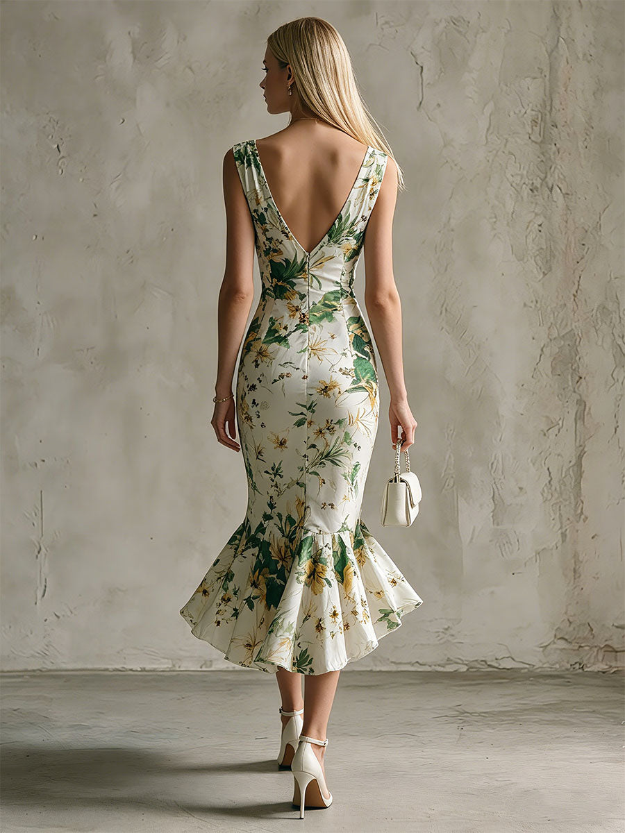 Fashionable Retro Green Printed White Sleeveless V-neck Ruffled Chiffon Midi Dress