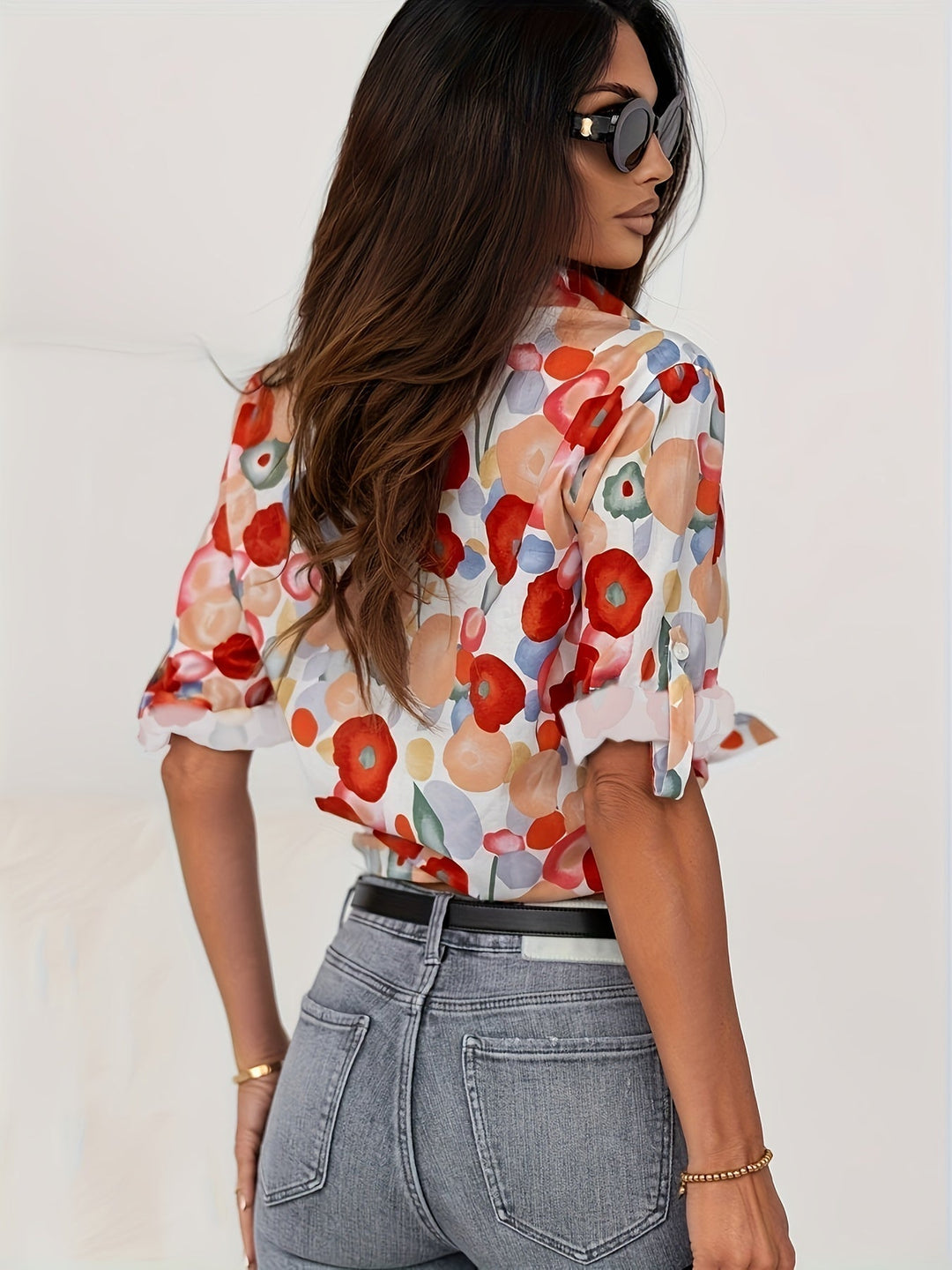 Reese | Button-Down Long Sleeve Blouse with Floral Print