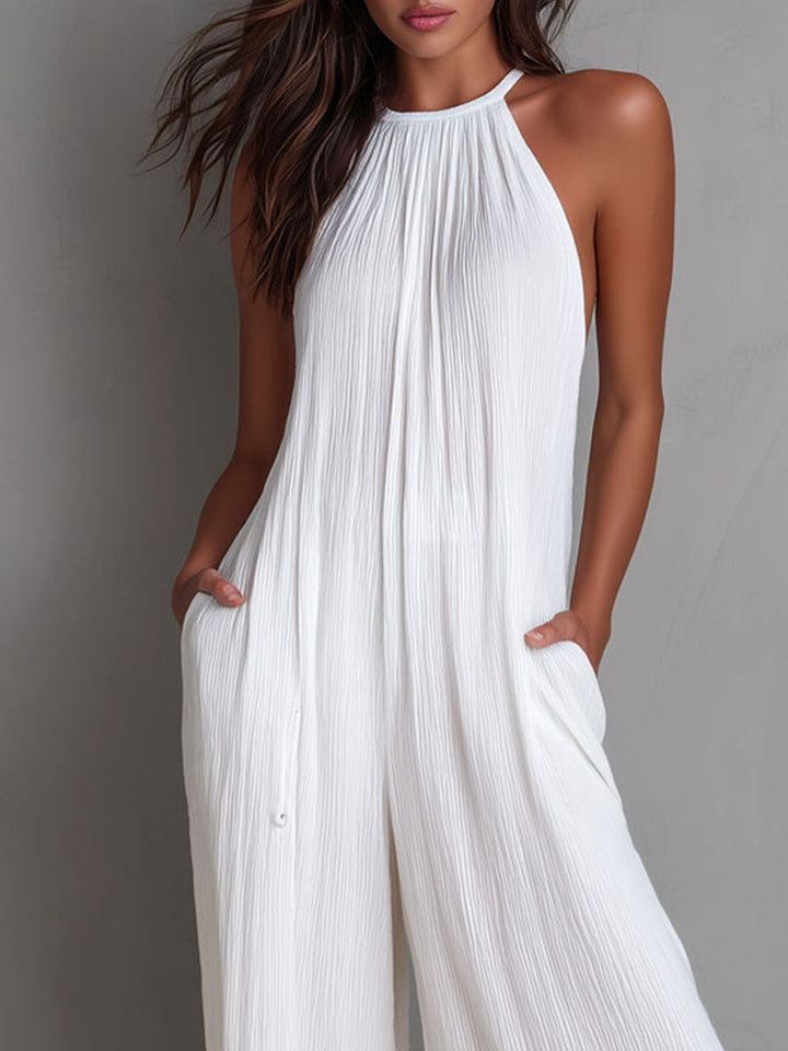 Seraphina | Resort White Pleated Halter Wide-Leg One-Piece Jumpsuit