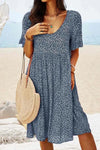 Women's Ditsy Floral Smock Dress with V-Neck and Short Sleeves