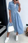 Jade | Women's Denim Button-Up Midi Dress Short Sleeve