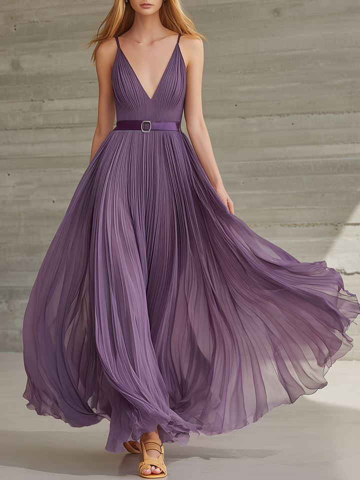 Lilianne | Stylish Vacation Party Retro Purple Chiffon Pleated V-neck Maxi Dress