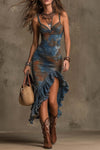 Tie-Dye Print Ruched Midi Dress With Ruffled Asymmetrical Hem
