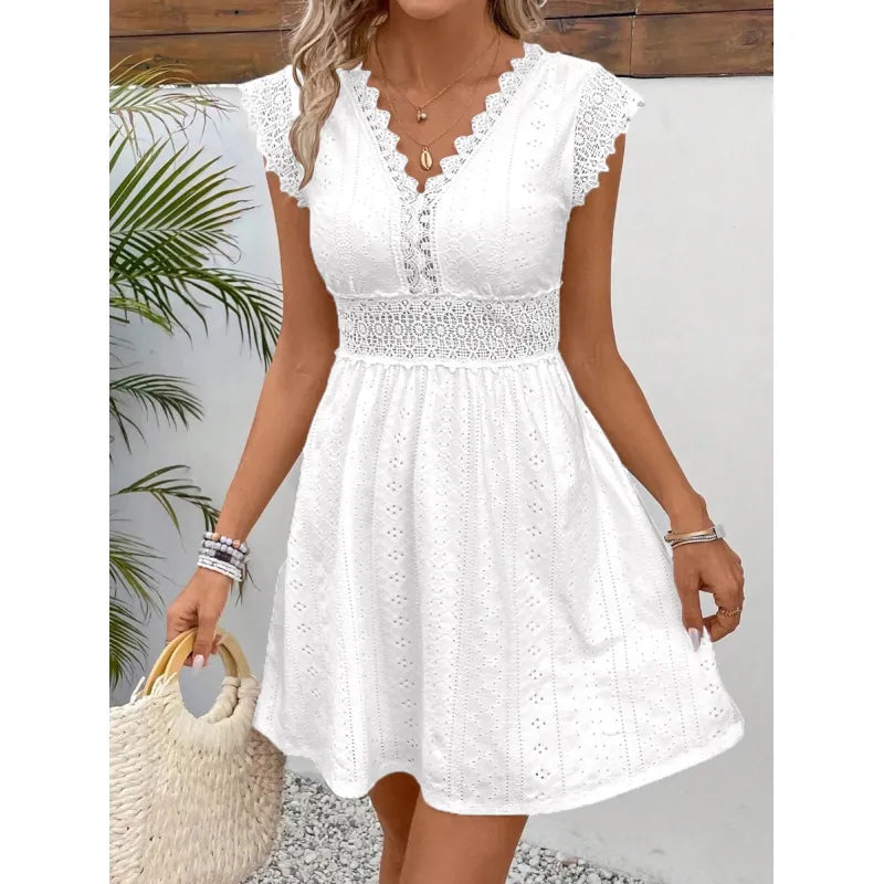 Evangeline | Women’s Mini Dress with V-Neckline and Lace Panels