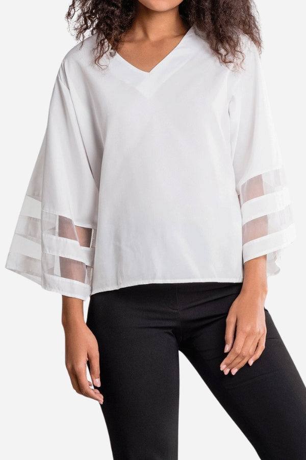 Kinsley | V-Neck Bell Sleeve Blouse with Mesh Panel