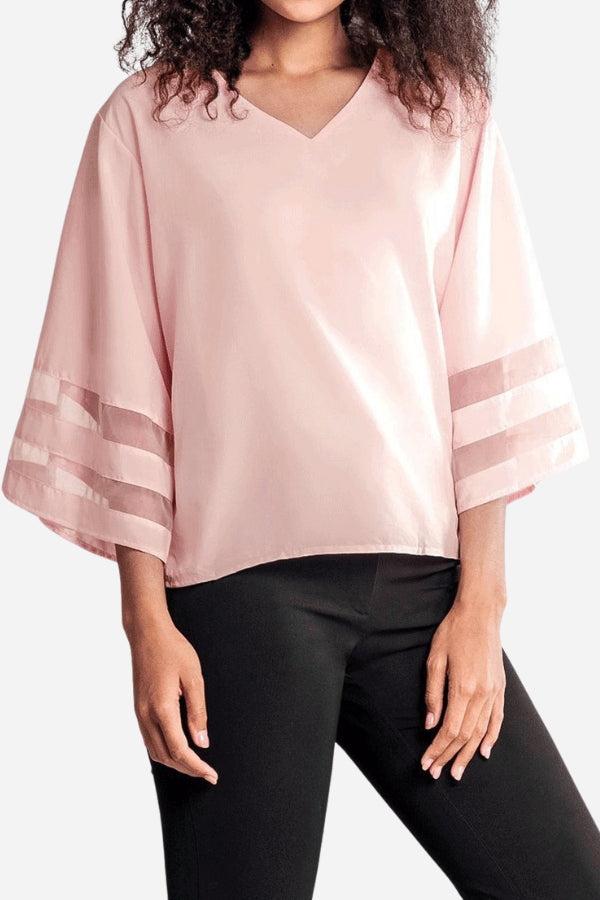 Kinsley | V-Neck Bell Sleeve Blouse with Mesh Panel
