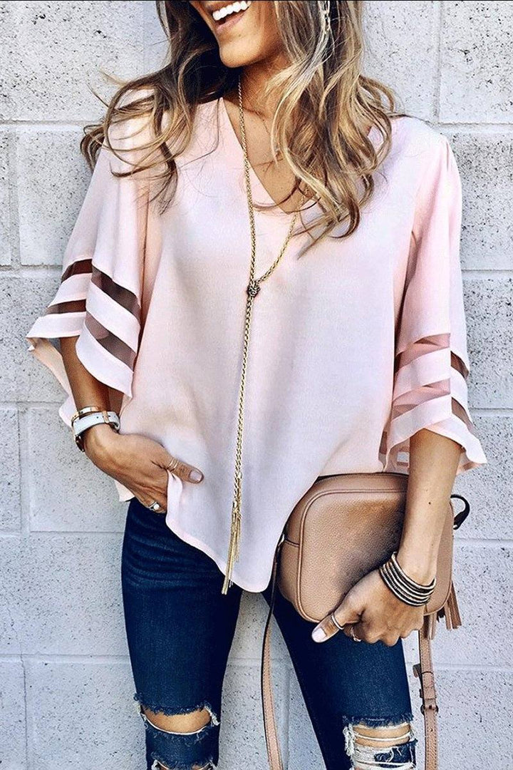 Kinsley | V-Neck Bell Sleeve Blouse with Mesh Panel