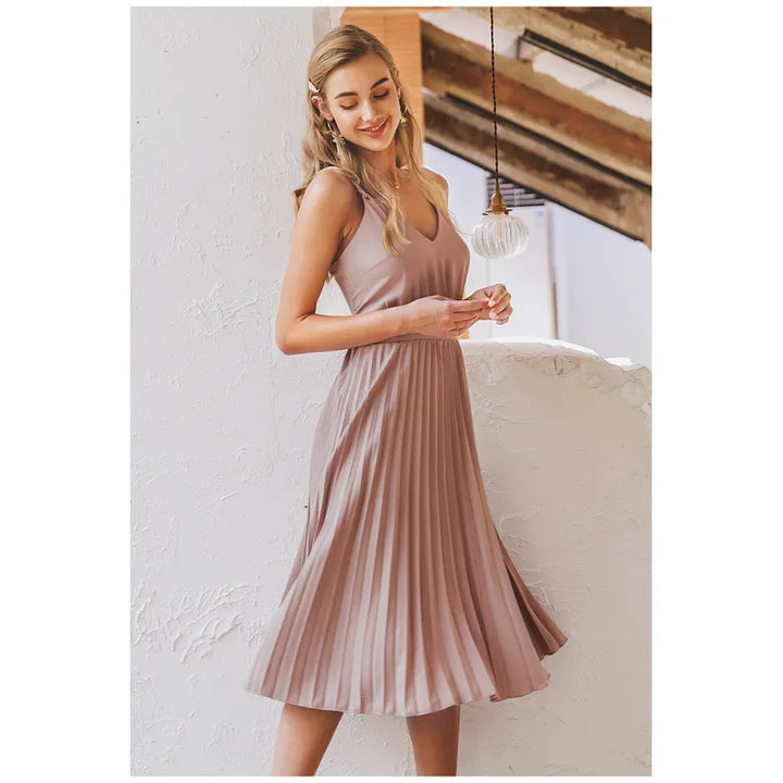 Audrey | Women’s Midi Dress with V-Neck and Pleated Skirt