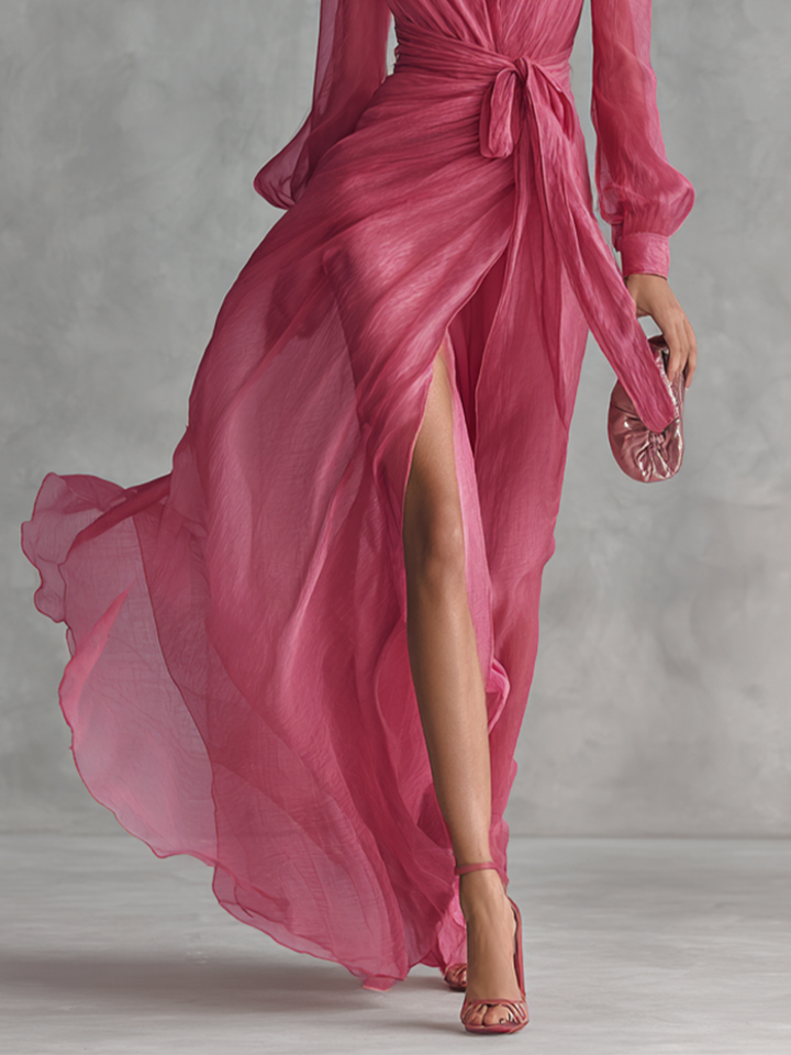 Rhonda | Pearl Chiffon V Neck Tie Waist Long Dress