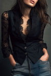 Elegant Black Lace Panel Sleeve Blazer Top