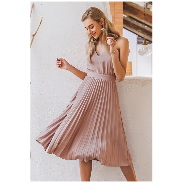 Audrey | Women’s Midi Dress with V-Neck and Pleated Skirt