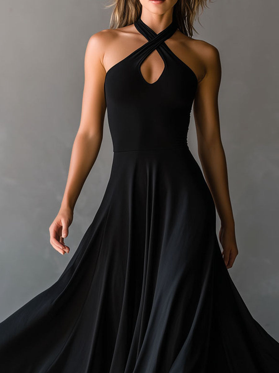 Vera | Vintage Black Halter Cross-Back A-Line Midi Dress