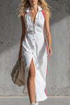 Chloe | Stylish Sporty Striped-trim White Cotton Collared Sleeveless Maxi Dress