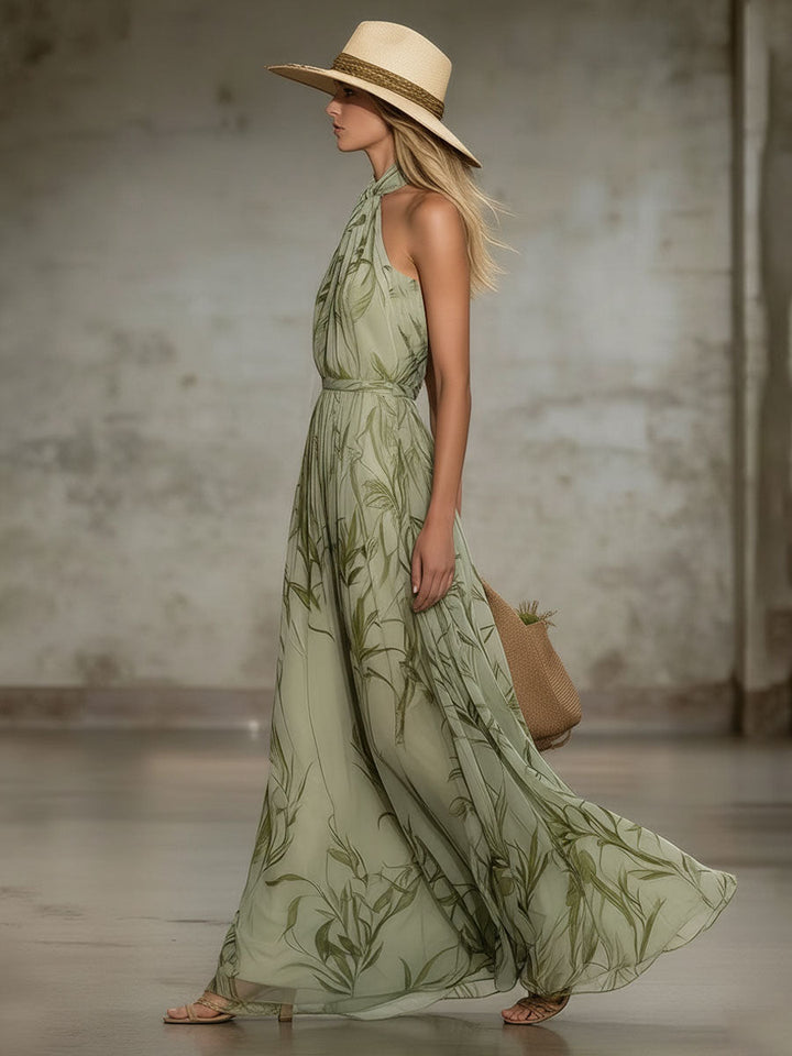 Noelle | Elegant Leaf Print Halter Neck Chiffon Sleeveless Maxi Dress