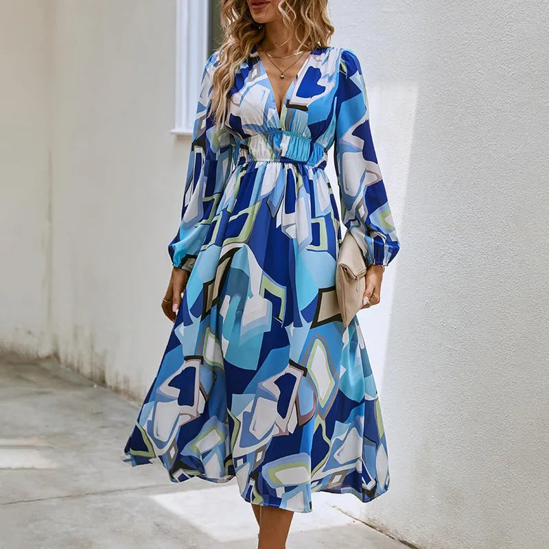 Riley | Women’s Midi Dress with V-Neck and Print
