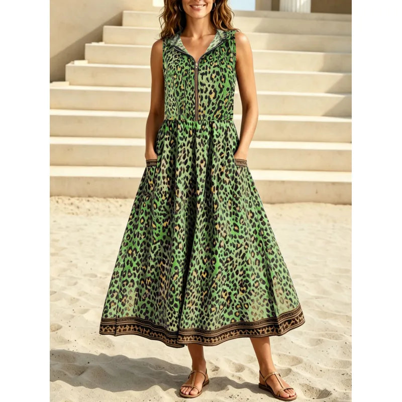 Evelisse | Women’s Maxi Dress with Zipper and Leopard Print