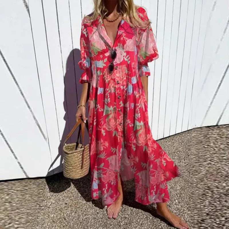 Jacqueline | Women’s Maxi Dress with V-Neck and Circle Print