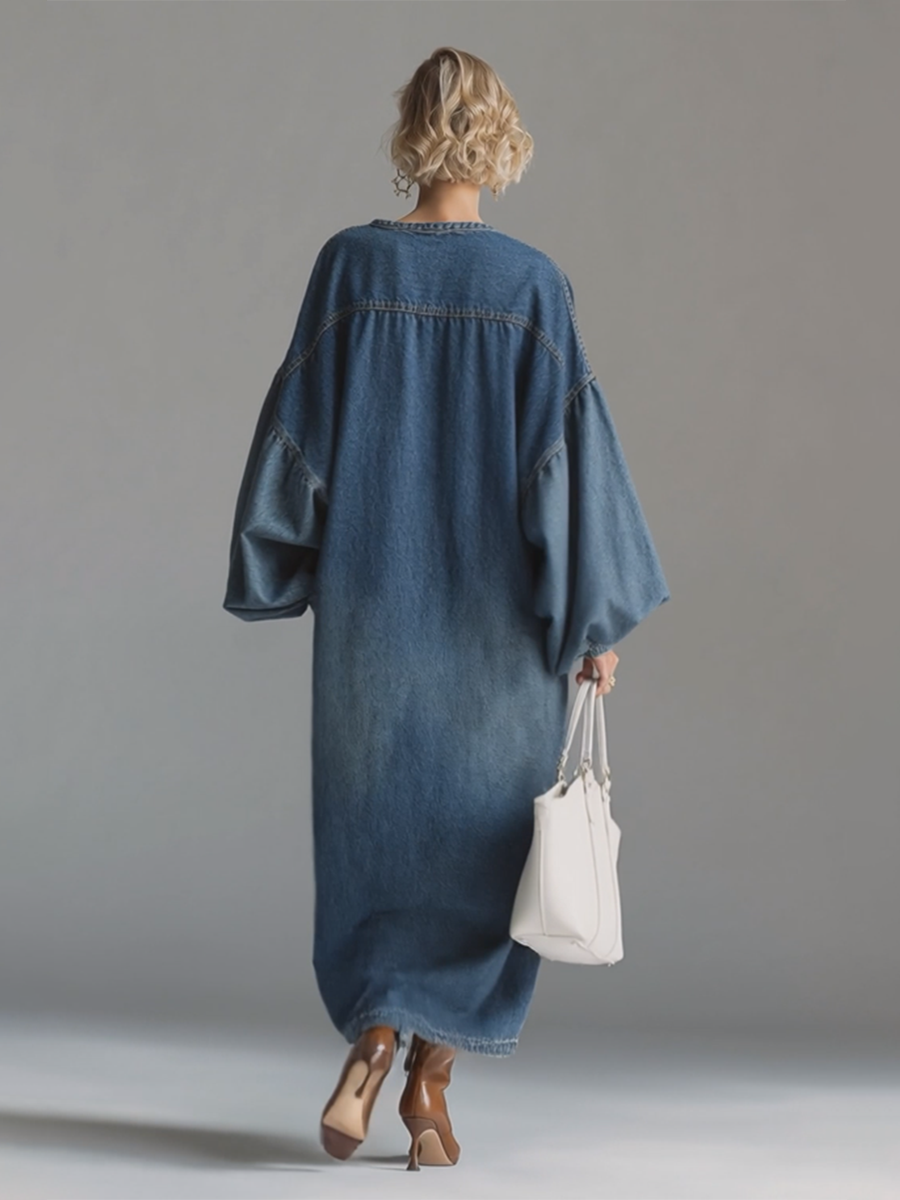 Madison | Elegant Urban-style Blue Denim Button-down Maxi Dress
