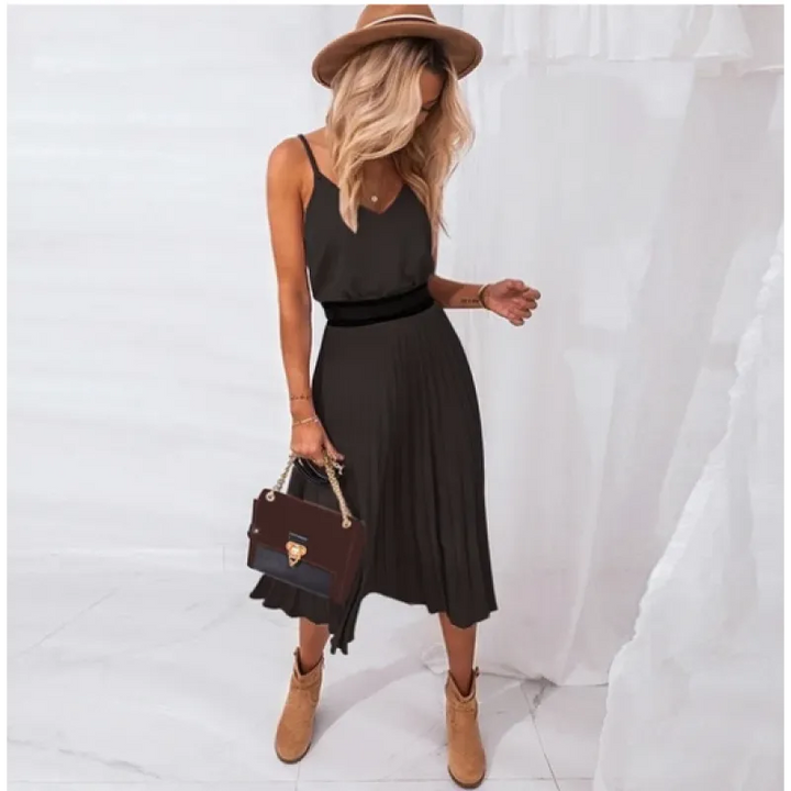 Audrey | Women’s Midi Dress with V-Neck and Pleated Skirt