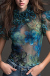 Vintage Boho Sheer Floral Ruffle Mesh Top