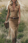 Fiona | Retro Western-style Light Brown Sleeveless Midi Dress