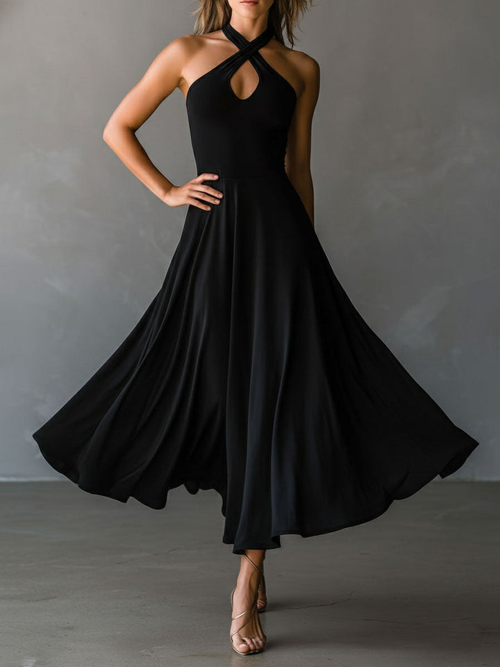 Vera | Vintage Black Halter Cross-Back A-Line Midi Dress