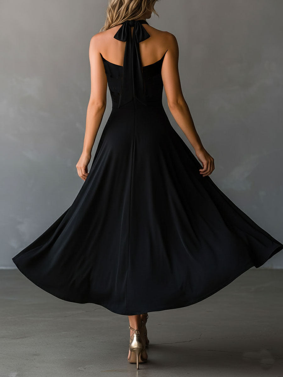 Vera | Vintage Black Halter Cross-Back A-Line Midi Dress