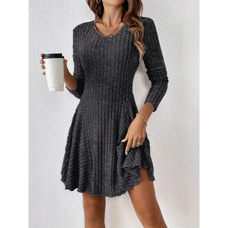 Theodora | Women’s Ribbed Dress with V-Neck and Flared Hem