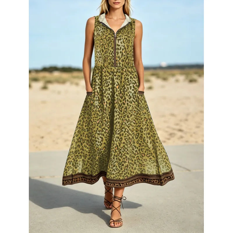 Evelisse | Women’s Maxi Dress with Zipper and Leopard Print
