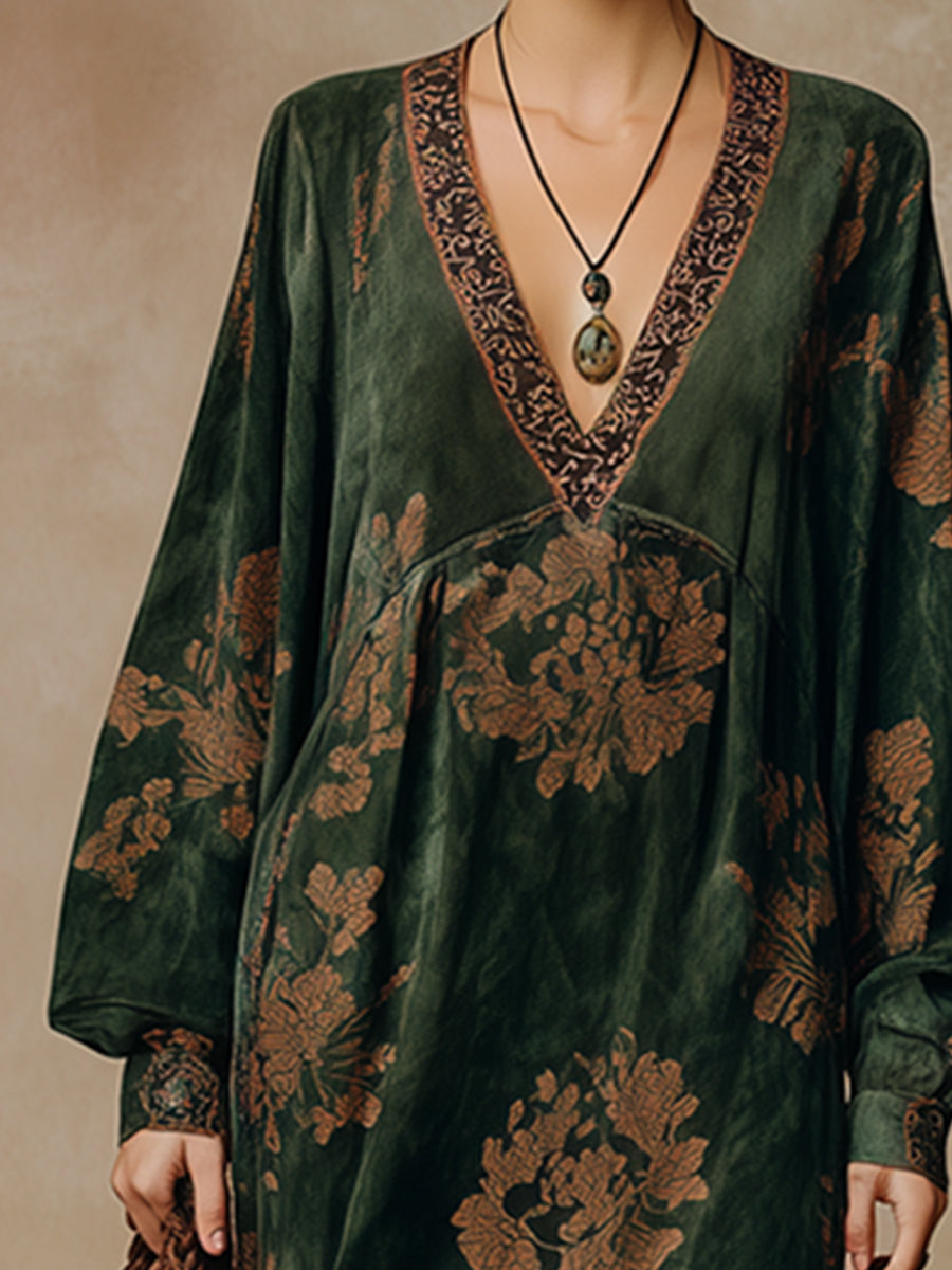 Willow | Retro Silhouette Printed Green Faux Suede Tassel Maxi Dress