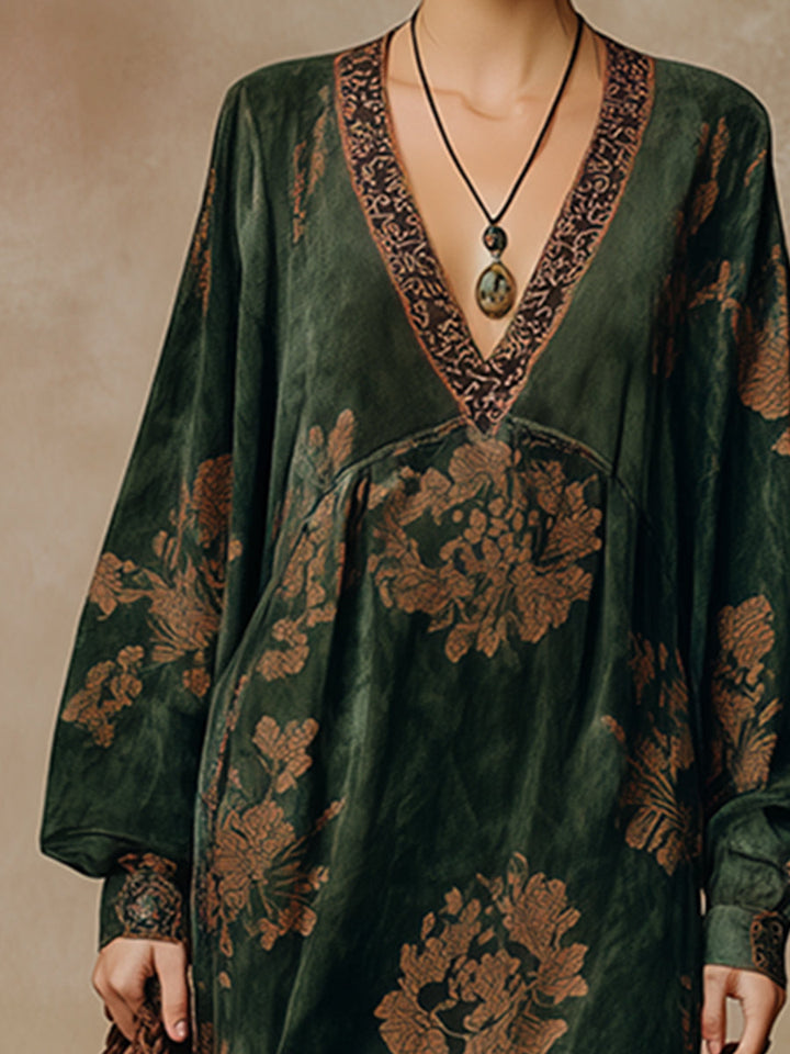 Willow | Retro Silhouette Printed Green Faux Suede Tassel Maxi Dress
