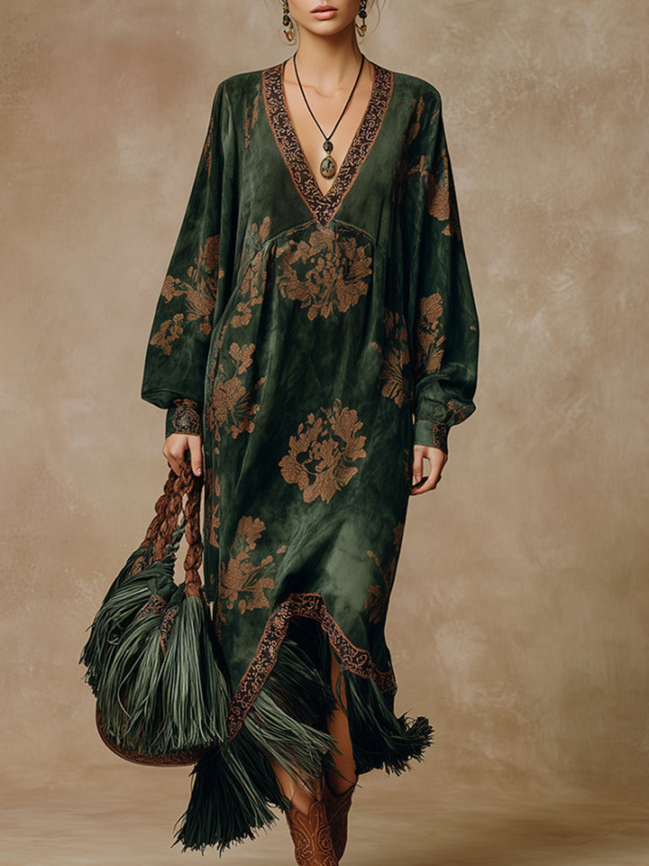 Willow | Retro Silhouette Printed Green Faux Suede Tassel Maxi Dress