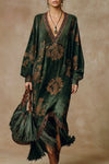 Willow | Retro Silhouette Printed Green Faux Suede Tassel Maxi Dress