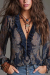 Navy Baroque Paisley Ruffle Zip Chiffon Blouse