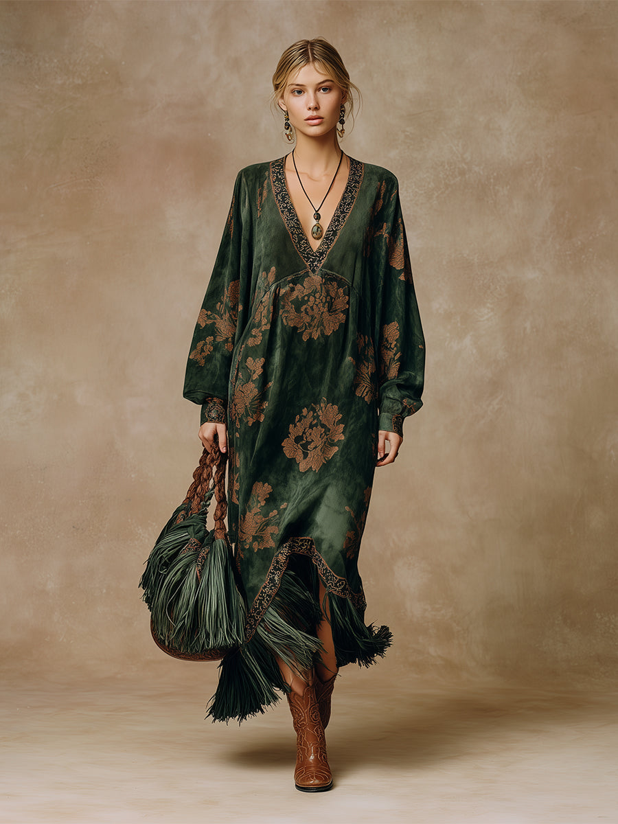 Willow | Retro Silhouette Printed Green Faux Suede Tassel Maxi Dress