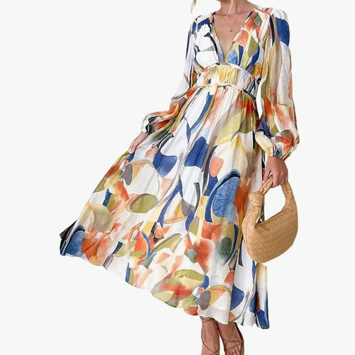 Riley | Women’s Midi Dress with V-Neck and Print