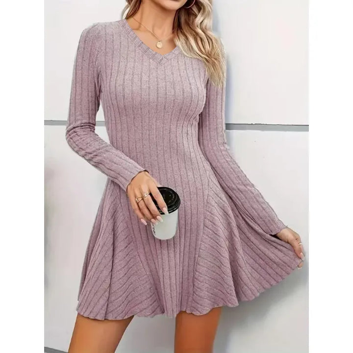 Theodora | Women’s Ribbed Dress with V-Neck and Flared Hem