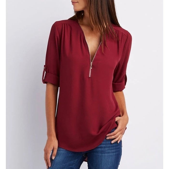 Rosalie | Zip-Up V-Neck Half Sleeve Blouse