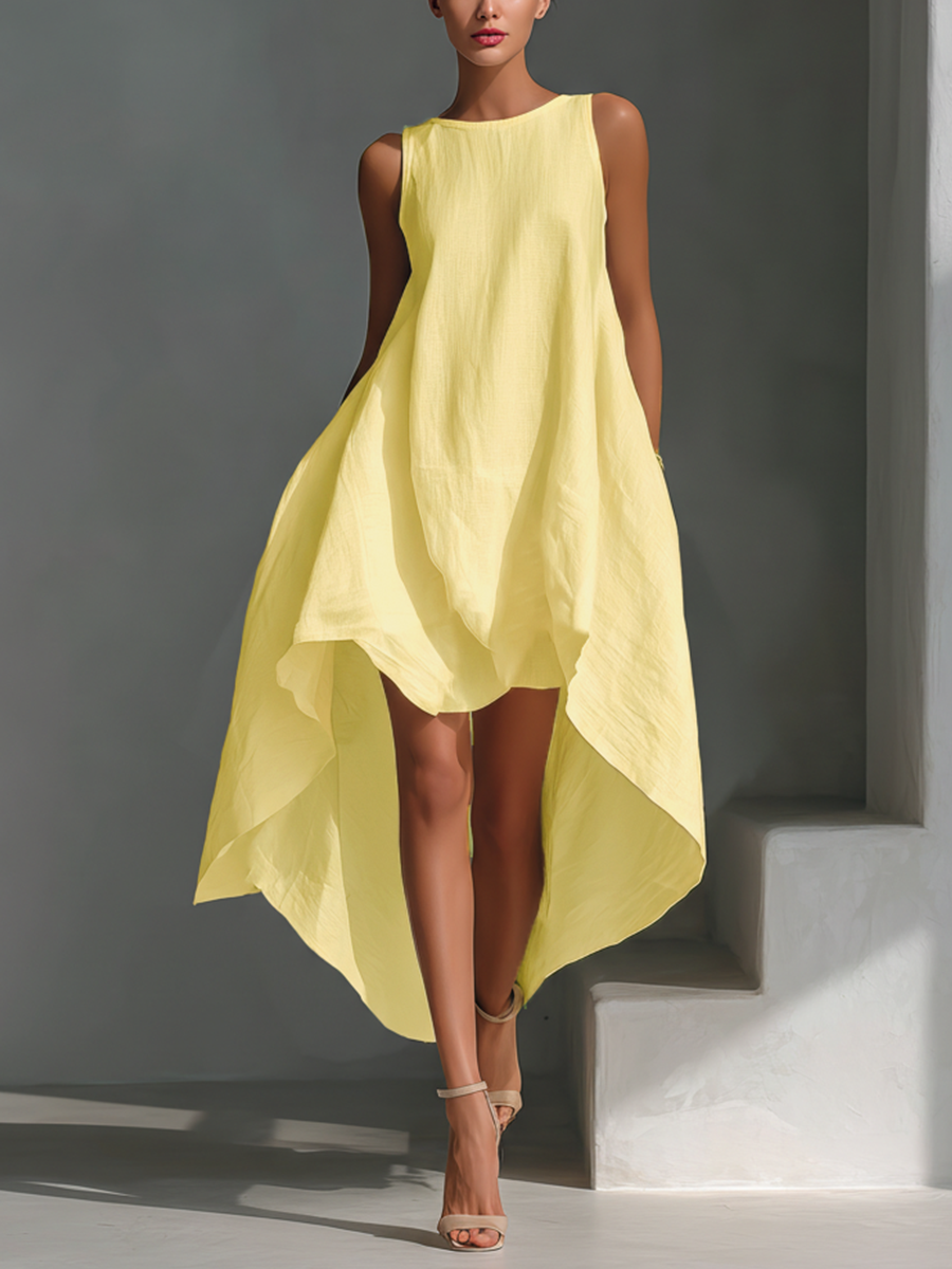 Maria | Sleeveless Round Neck Asymmetric Hem Midi Dress