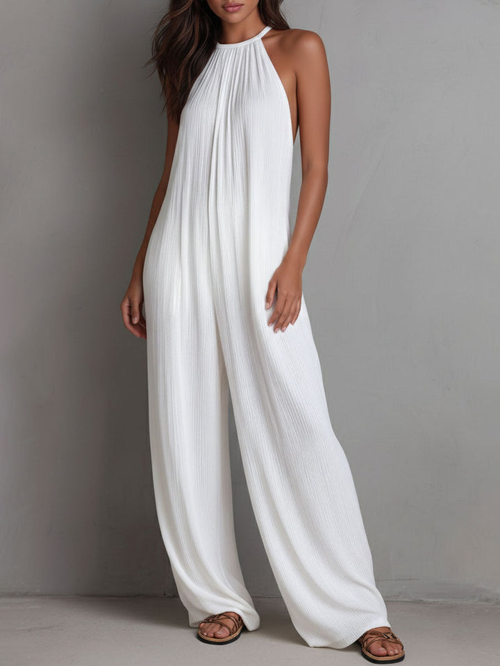Seraphina | Resort White Pleated Halter Wide-Leg One-Piece Jumpsuit