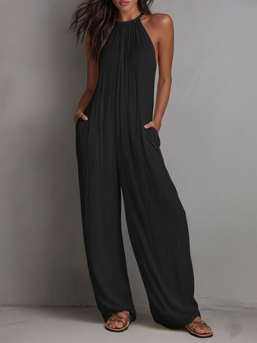 Seraphina | Resort White Pleated Halter Wide-Leg One-Piece Jumpsuit